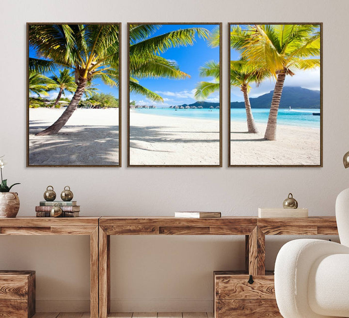 Blue Beach and Sea Wall Art Canvas Print: showcases a tropical scene with palm trees, white sand, and turquoise water.