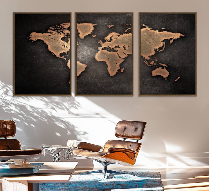 The Modern World Map on a metallic black canvas creates a striking effect.