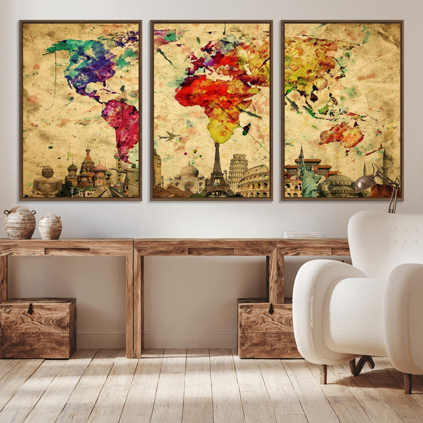 24467-MGV-CV-36X24-Colorful Watercolor World Map Canvas Wall Art – Framed Landmark Travel Map Print, Vibrant Global Artwork for Home and Office Decor