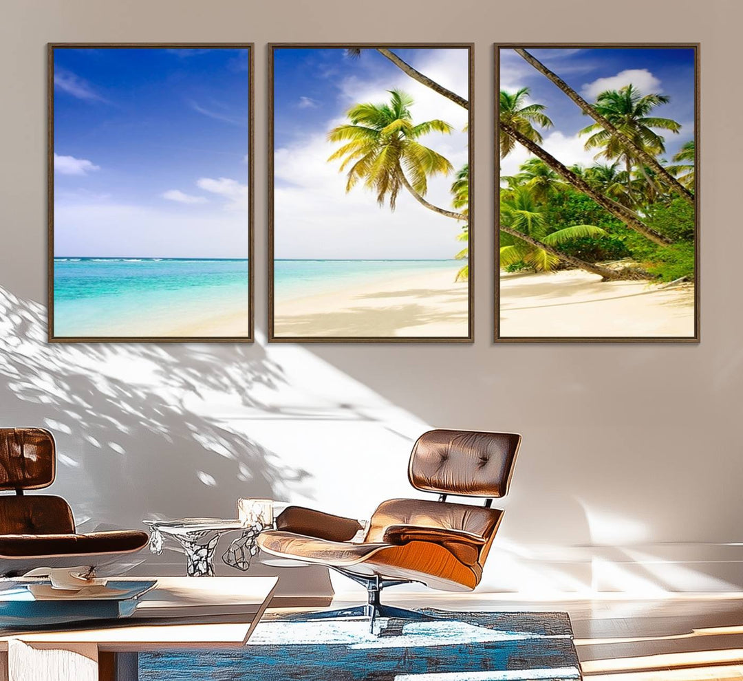 Tropical Beach Canvas: Palm Trees & White Sand Shore Decor, Vibrant Coastal Print, Ready to Hang.