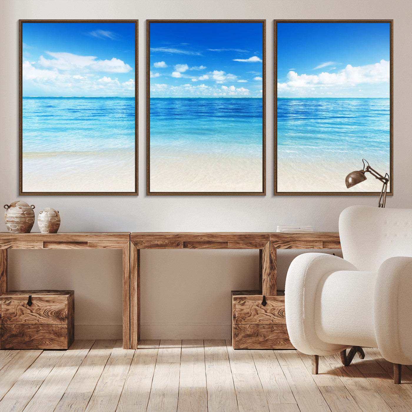 MGV-FC-60X30-3P - Beach Scene Canvas Wall Art Print – Tranquil Ocean Horizon and White Sand Beach Wall Decor for Home