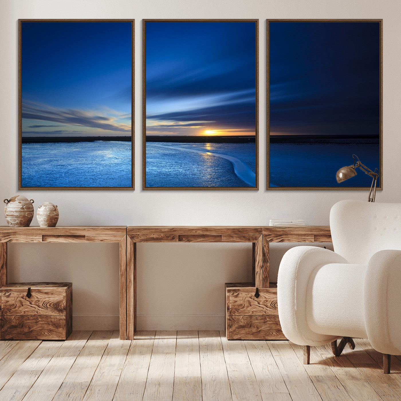 MGV-FC-60X30-3P - Blue Sunset Ocean Canvas Wall Art Print – Serene Coastal Horizon Wall Decor for Home or Office –