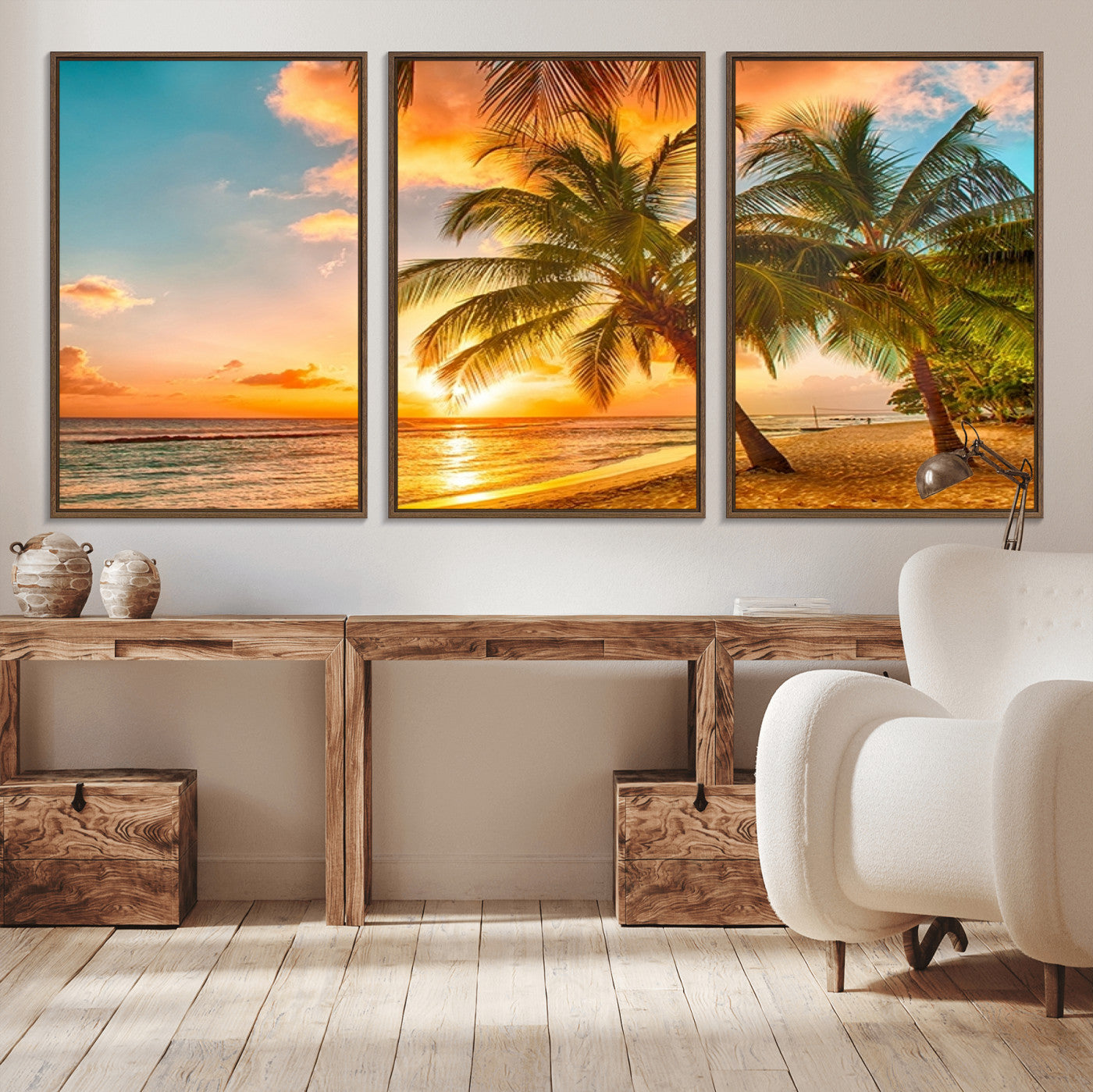 -Tropical Sunset Beach Canvas Wall Art Print – Vibrant Palm Trees and Coastal Sunset Wall Decor for