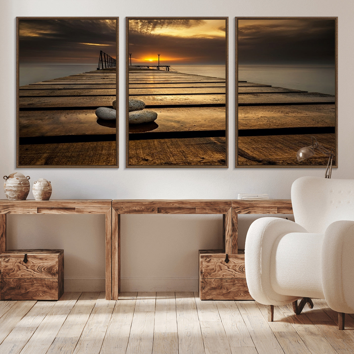 MGV-FC-60X30-3P - Stones on Wooden Pier at Sunset Canvas Print, Serene Coastal Wall Art, Beach Sunset Photography,