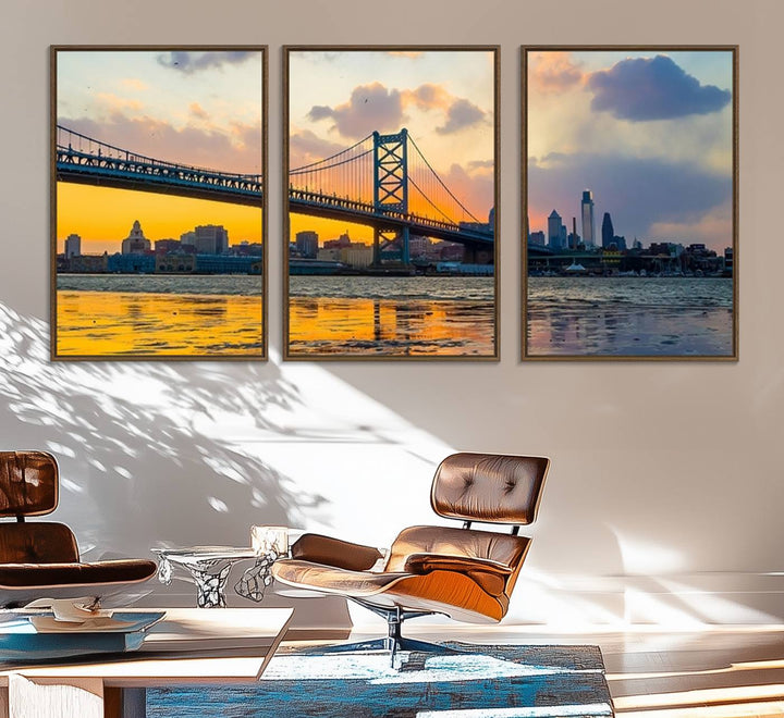 Ben Franklin Bridge Wall Art Print – Philadelphia Skyline Sunset Canvas Print.