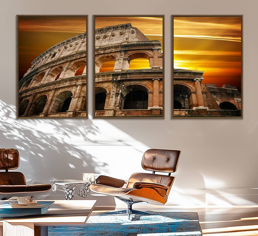 On the wall, theres a piece of art titled Colosseum with Yellow Sunset Behind, Italy.