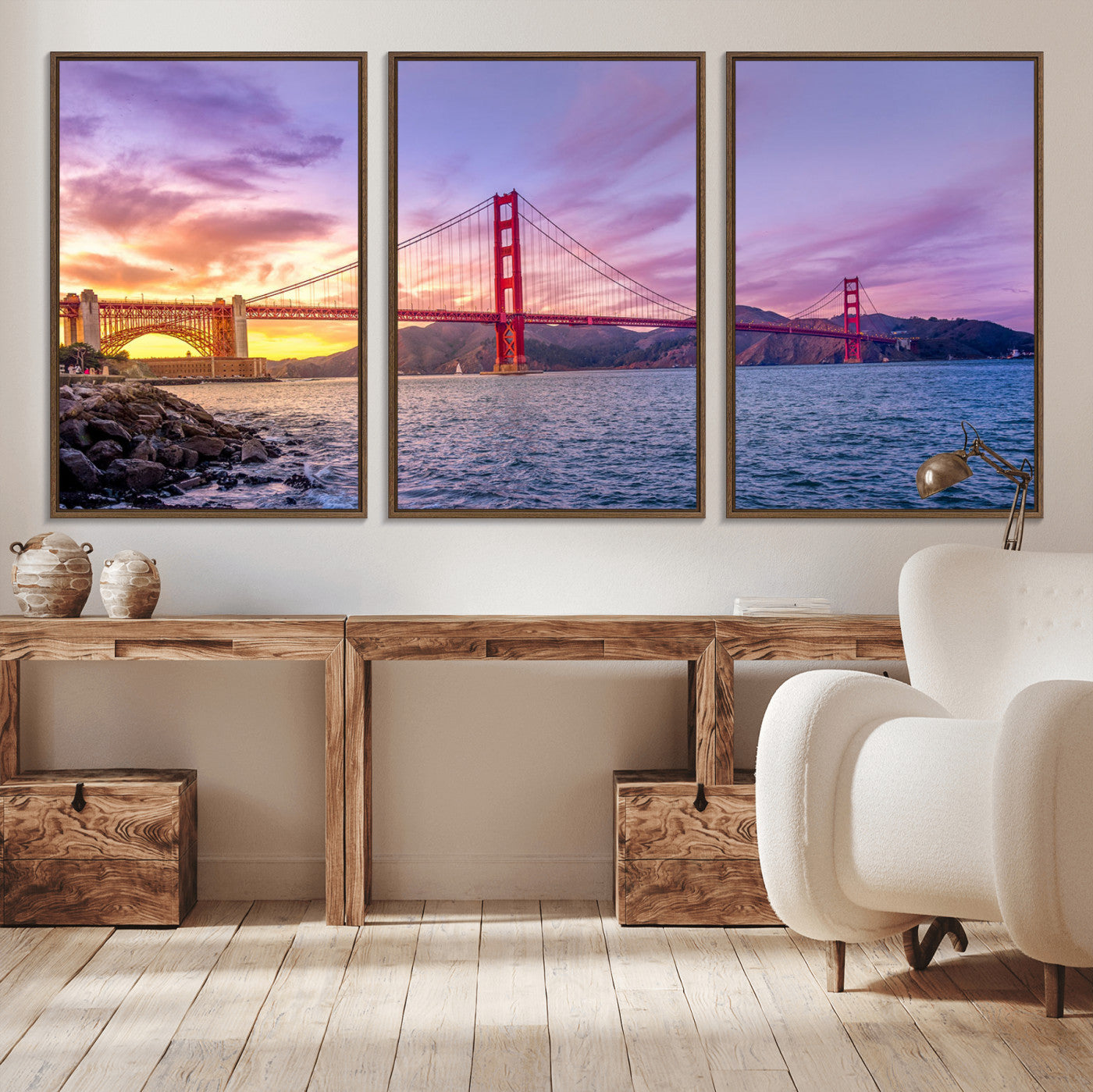 MGV-FC-60X30-3P - Golden Gate Bridge Wall Art Print, San Francisco Sunset Canvas Wall Art, Cityscape Canvas Print for