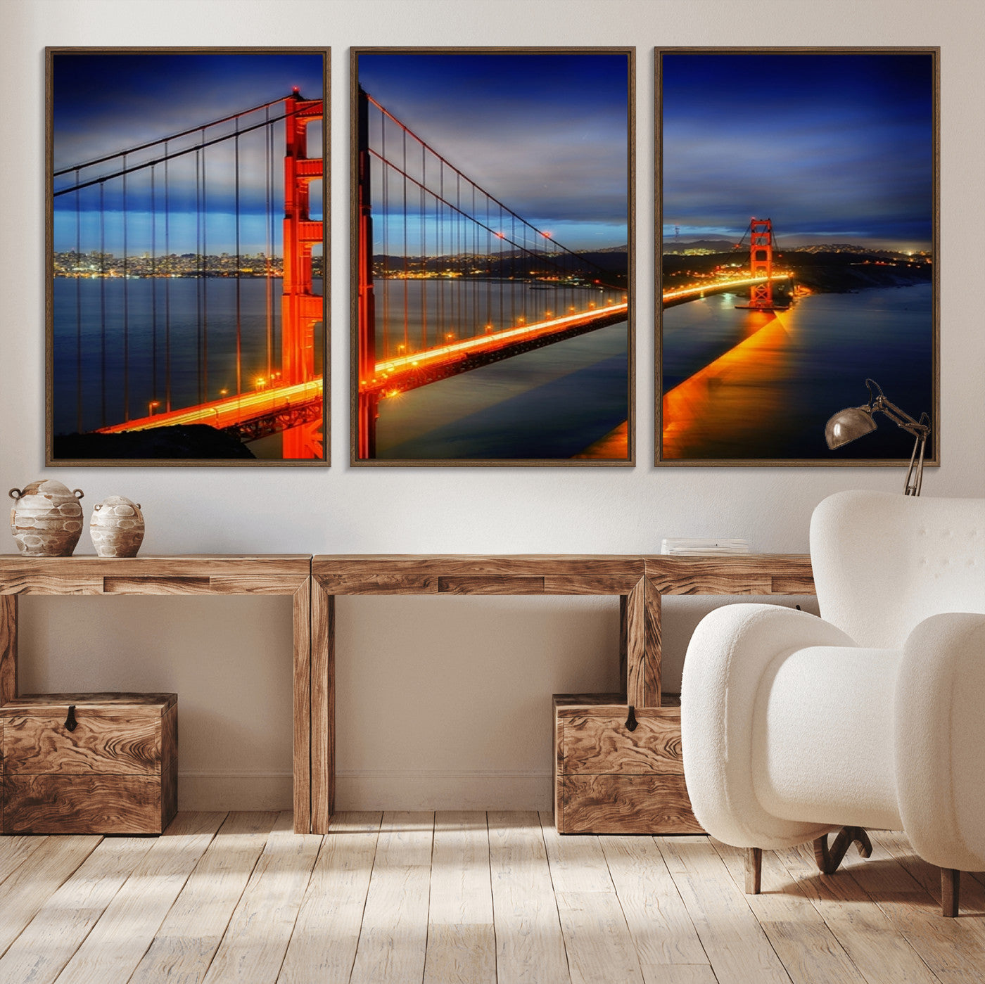 MGV-FC-60X30-3P - Large Wall Art San Francisco Canvas Print - Wonderful Golden Gate Bridge at Twilight
