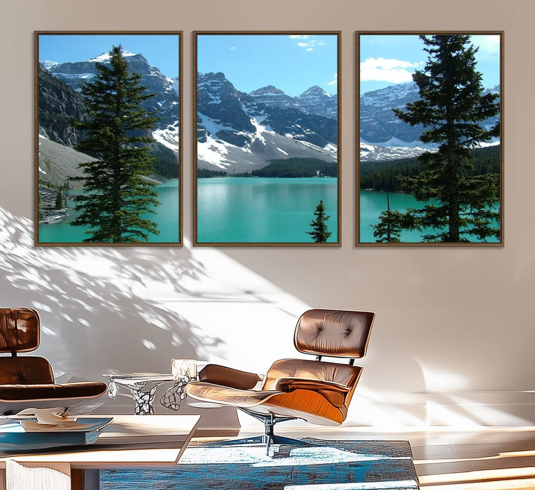 Canadian Rockies Moraine Lake Landscape Canvas Print showcasing a turquoise lake and mountain view.