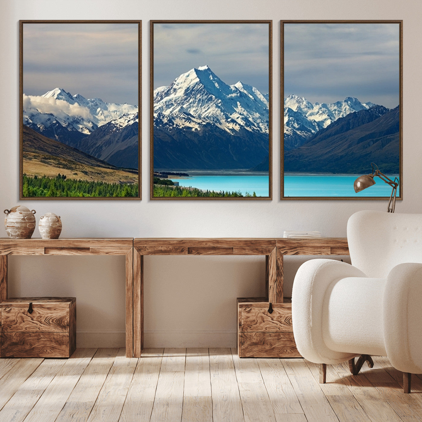 MGV-FC-60X30-3P - Mount Cook and Lake Pukaki Canvas Wall Art Print – Majestic Snow-Capped Peaks and Serene Lake Wall