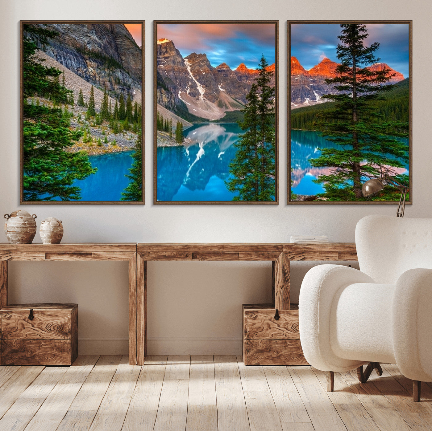 MGV-FC-60X30-3P - Canadian Rockies Moraine Lake Wall Art Canvas Print, Pine Trees Mountain Spring Canvas Print