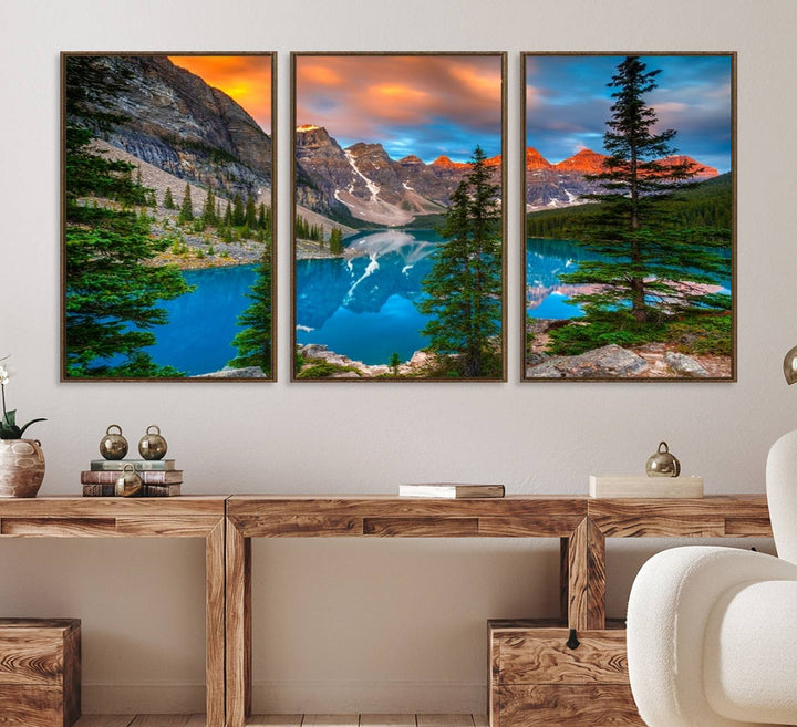 The dining room features a stunning piece of wall art depicting the Canadian Rockies Moraine Lake.