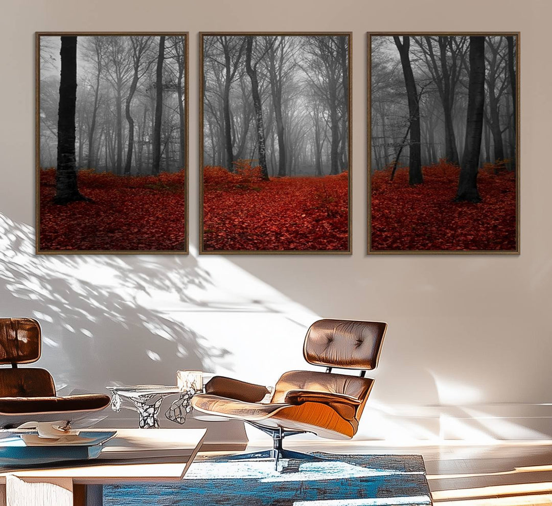 A large, museum-quality canvas print titled Wonderful Forest with Red Leaves.