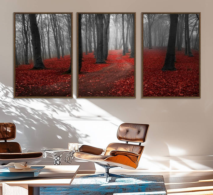 Wonderful Forest artwork: Triptych with red leaves, ideal for nature lovers.