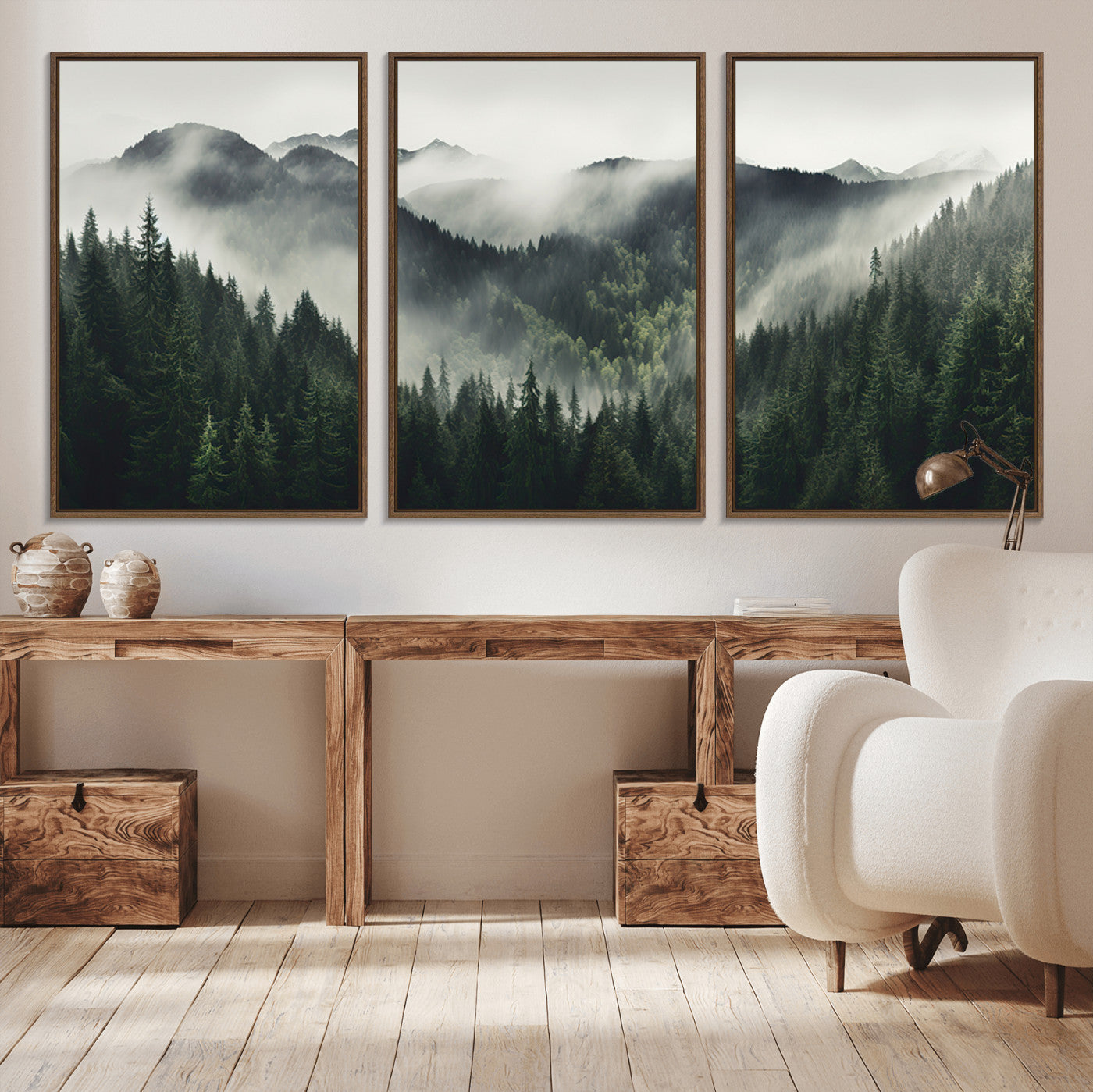 MGV-FC-60X30-3P - Misty Forest Canvas Print Wall Art Premium Canvas Print a Foggy and Serene Atmosphere