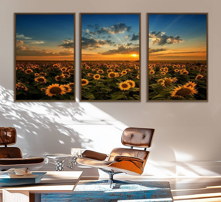 The dining area features the Sunflower Field Sunset Wall Art Canvas Print.