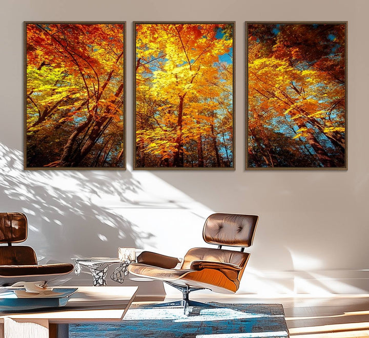 Forest View at Fall Wall Art hangs prominently, showcasing its beauty.