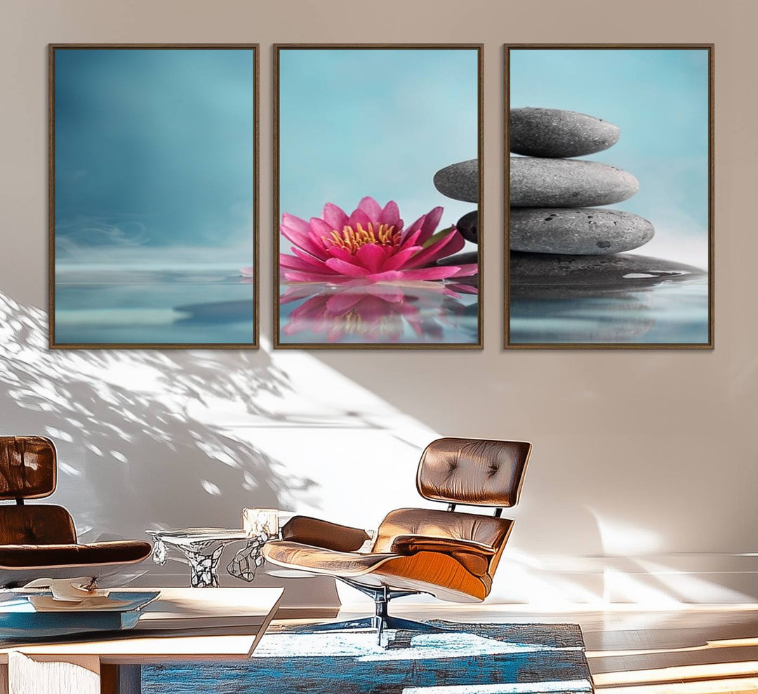 The dining room features a Zen Serenity Triptych wall art, showcasing a calming depiction of lotus flowers and balancing stones.