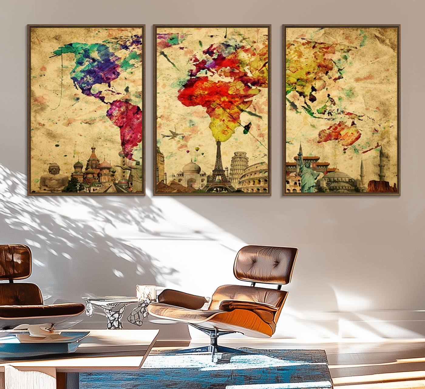 34595-MGV-FC-60X30-3P_Walnut-Push Pin World Map Canvas Print – Framed Travel Map Wall Art for Couples, Anniversary Gift, Modern Home or Office Decor