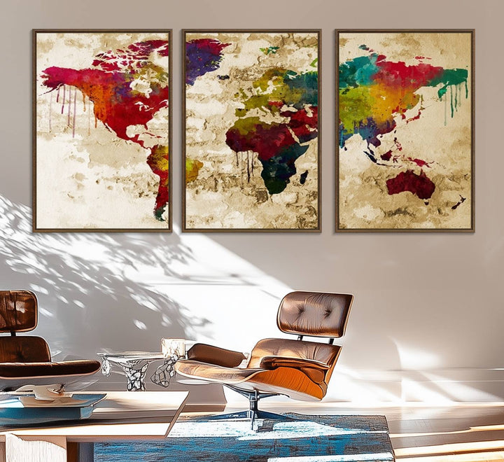 The Rainbow Colored Vintage World Map Canvas Print decorates the room.