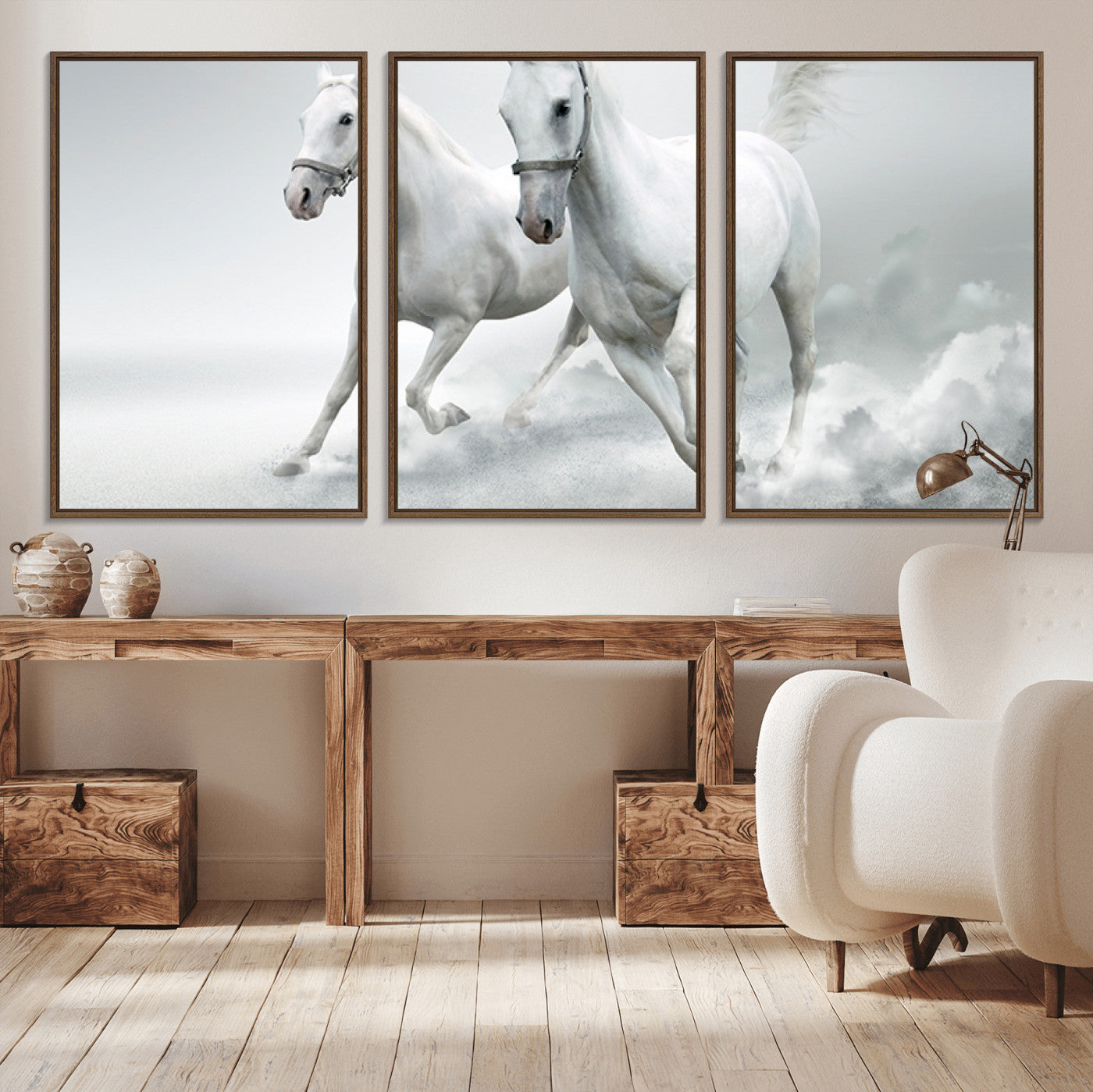 MGV-FC-60X30-3P - Large Wall Art Animal Canvas Print - Beautiful Running White Horses