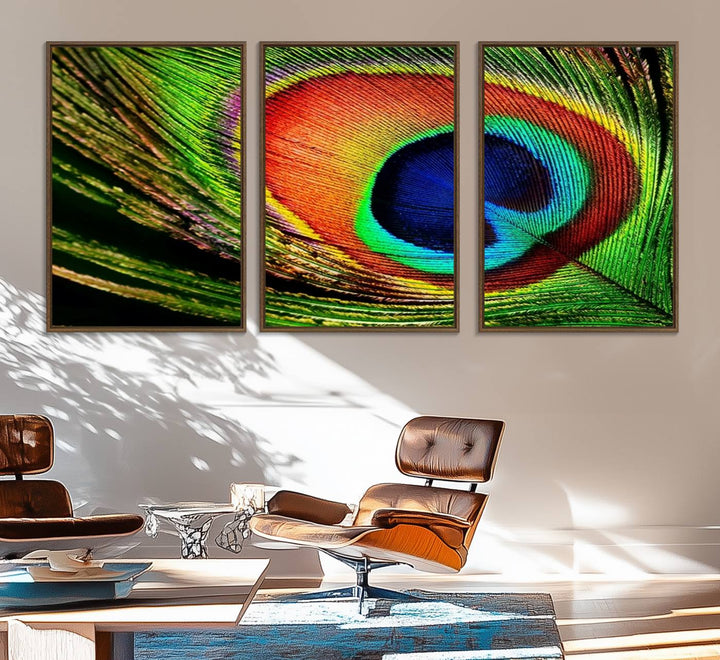 The Colorful Peacock Feather Wall Art Print graces the wall.