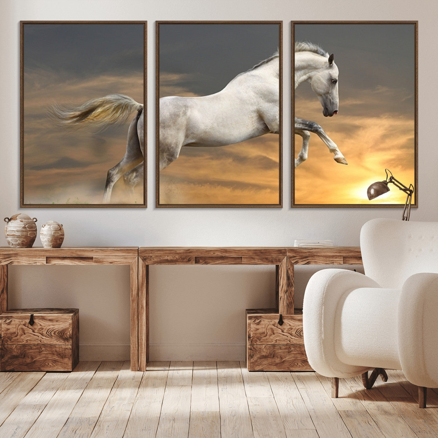 MGV-FC-60X30-3P - Large Wall Art Animal Canvas Print - White Jumping Horse at Sunset