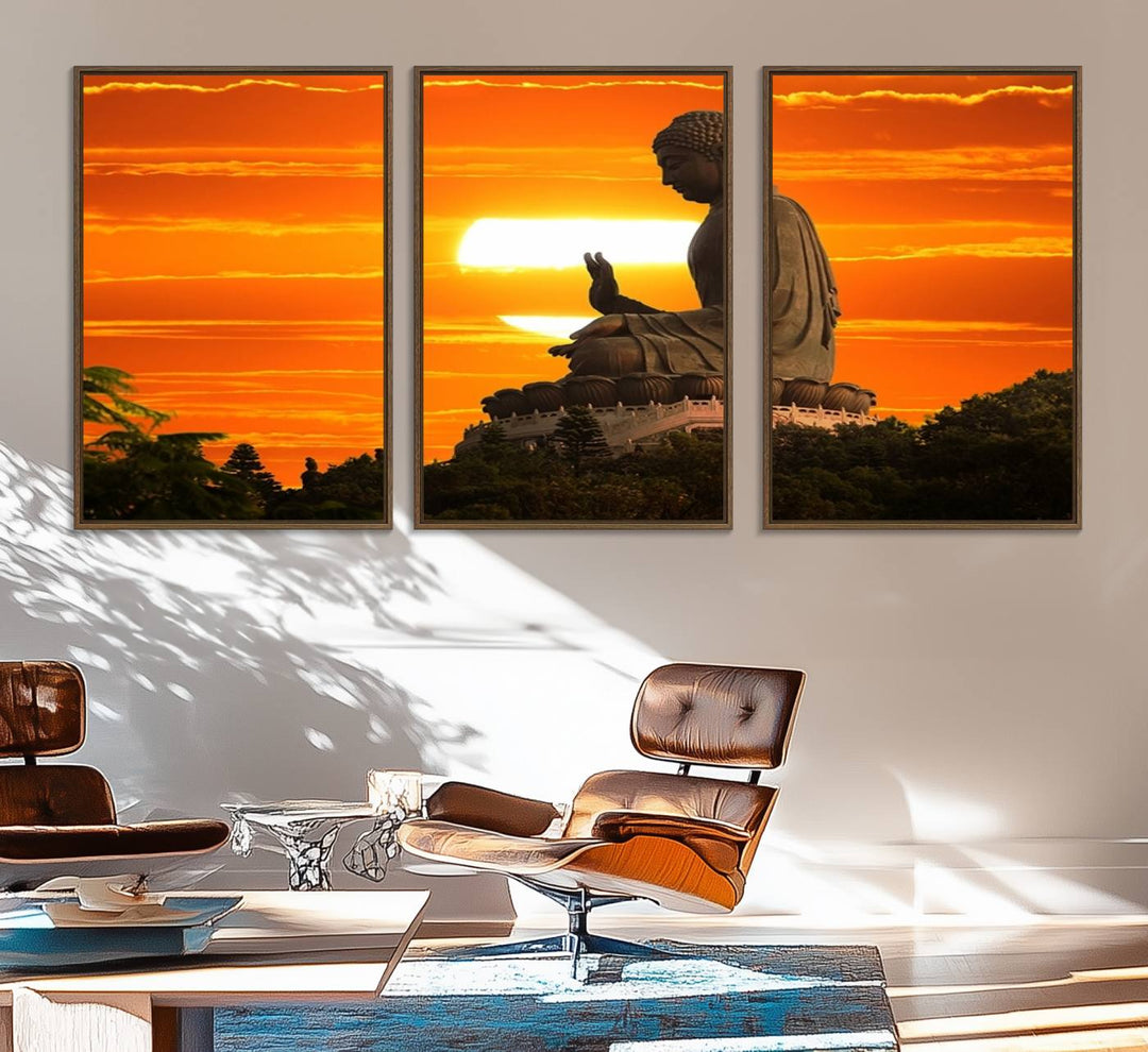 The Buddha Statue at Sunset canvas print adds serenity to the space.