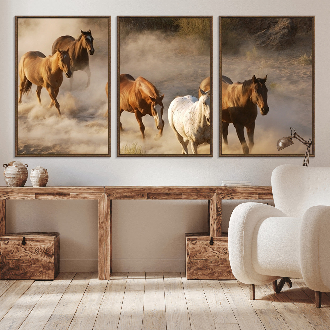 MGV-FC-60X30-3P - Large Wall Art 5 Horses Running on Sand Canvas Print