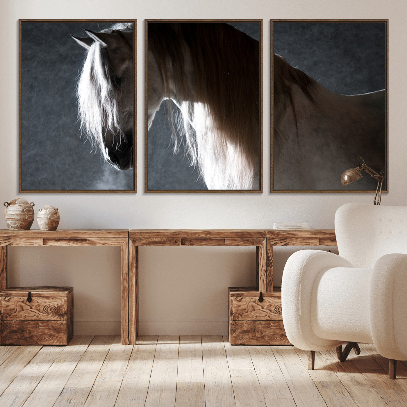 MGV-FC-60X30-3P - Large Wall Art Cream Colored Horse on Grey Background Canvas Print