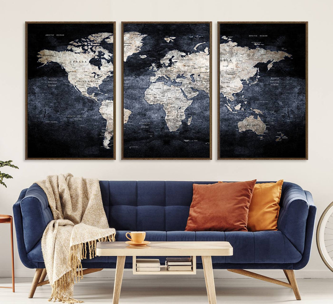 Rustic Black and Bronze World Map Canvas Triptych features white continents on a grunge-stained background.