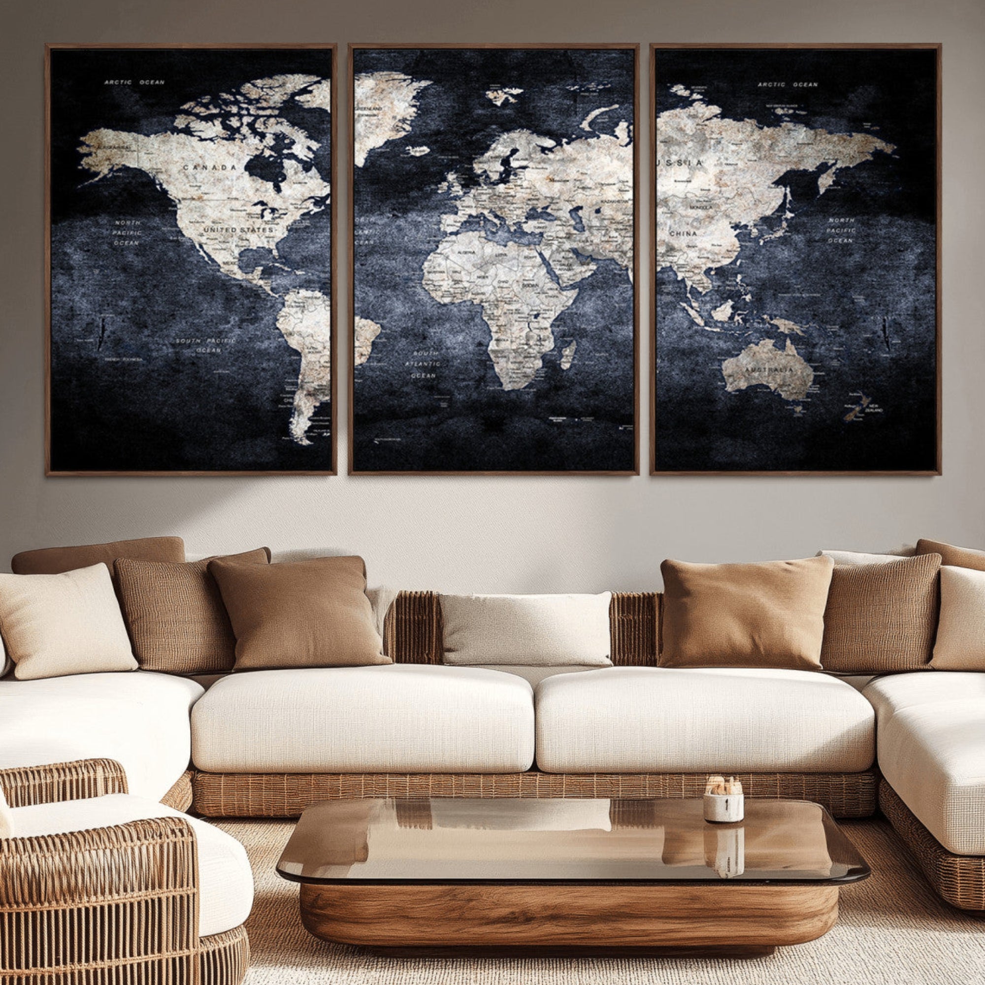 82598-MGV-CV-36X24-Modern Dark World Map Canvas Print – Framed Push Pin Wall Art, Elegant Travel Map Decoration for Home Office or Living Room Decor