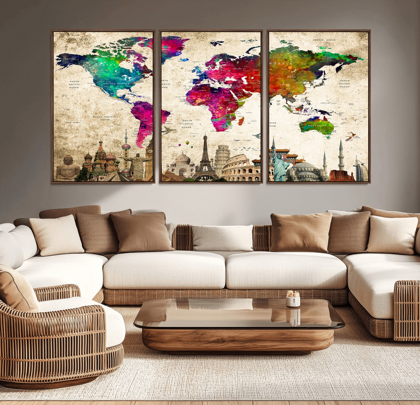 MGV-FC-60X30-3P - Push Pin World Map Canvas Print – Framed Wall Art for Couples to Track Their Travels – Anniversary