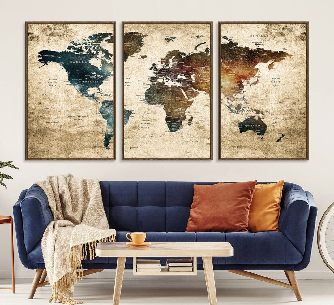 Grunge World Map Canvas featuring earth-toned continents, suitable for study, office, or living room.