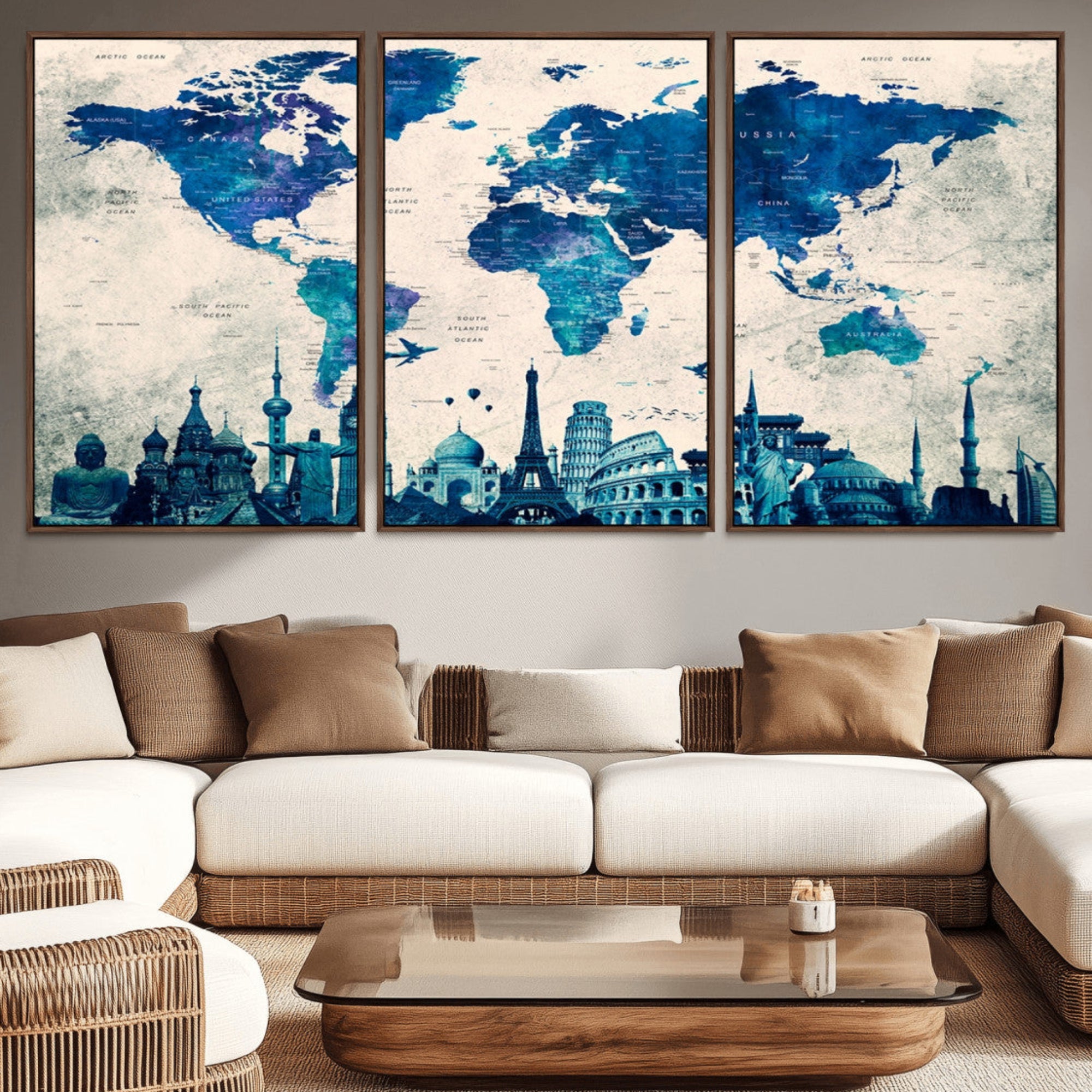 13588-MGV-CV-36X24-Navy Blue World Map Canvas Print – Framed Push Pin Travel Map Wall Art, Elegant Adventure Decor for Home or Office