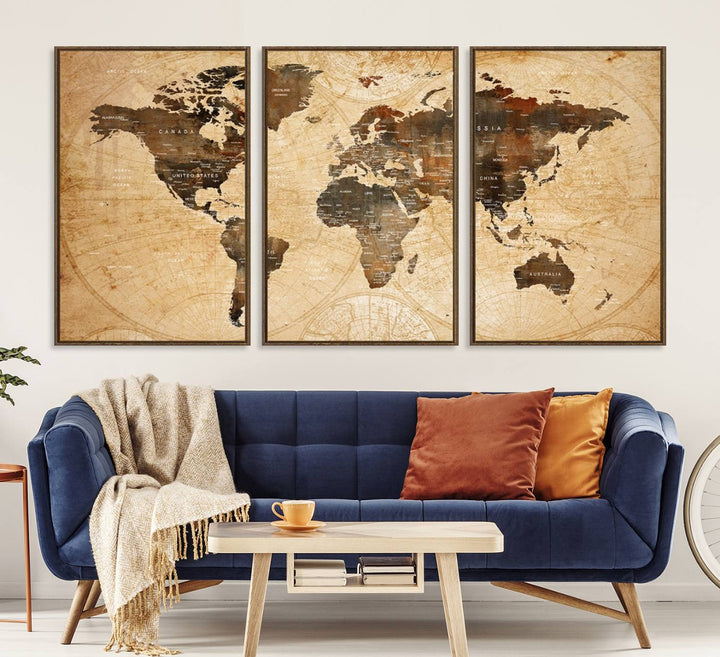 Vintage World Map: 3-Panel Canvas Print in antique rustic style. Framed and gallery wrapped. Ideal for decor.