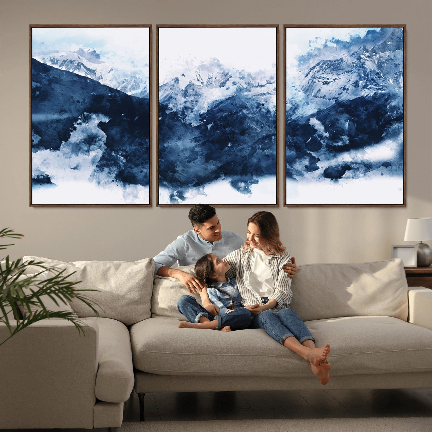 81700-MGV-CV-36X24-Abstract Blue Mountain Canvas Wall Art – Modern Triptych Landscape Print – Contemporary Nature Decor for Living Room or Office – Ready to