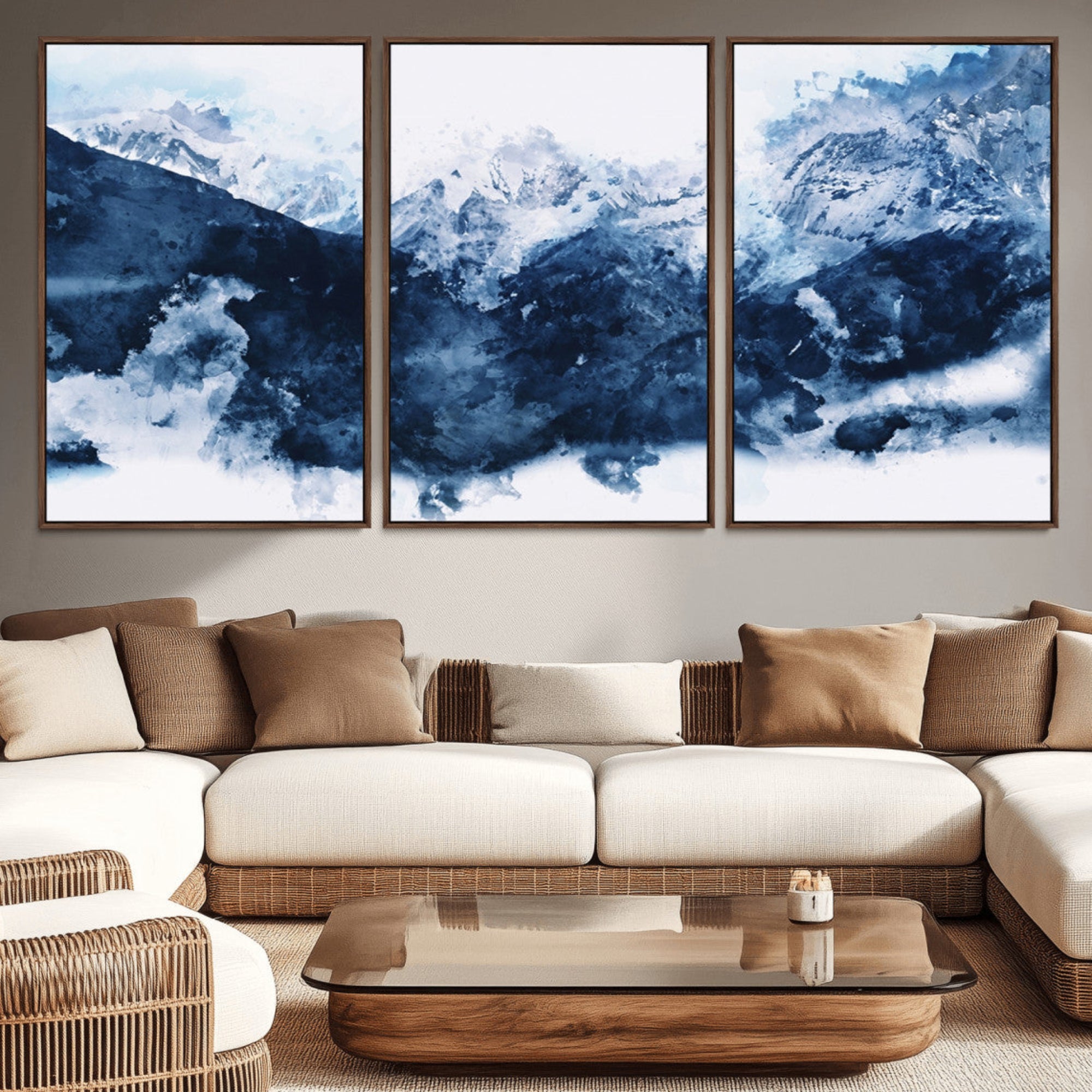 81700-MGV-CV-36X24-Abstract Blue Mountain Canvas Wall Art – Modern Triptych Landscape Print – Contemporary Nature Decor