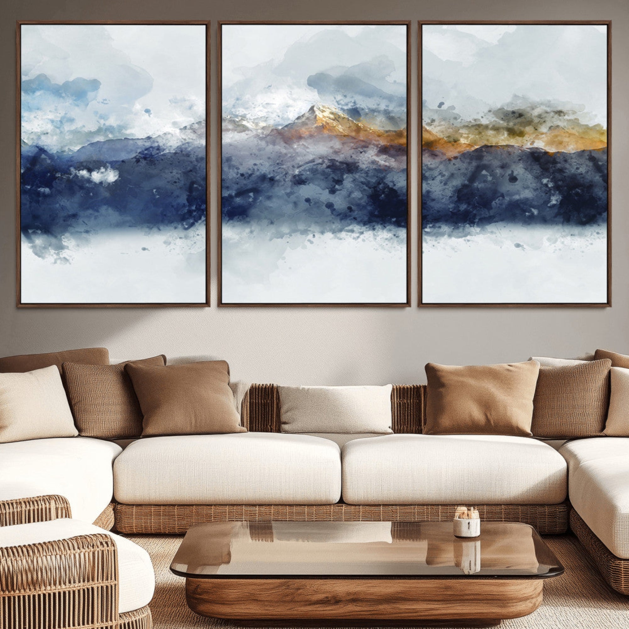 89149-MGV-CV-36X24-Abstract Mountain Range Art Canvas Print | 3 Panel Watercolor Landscape for Living Room, Office, or