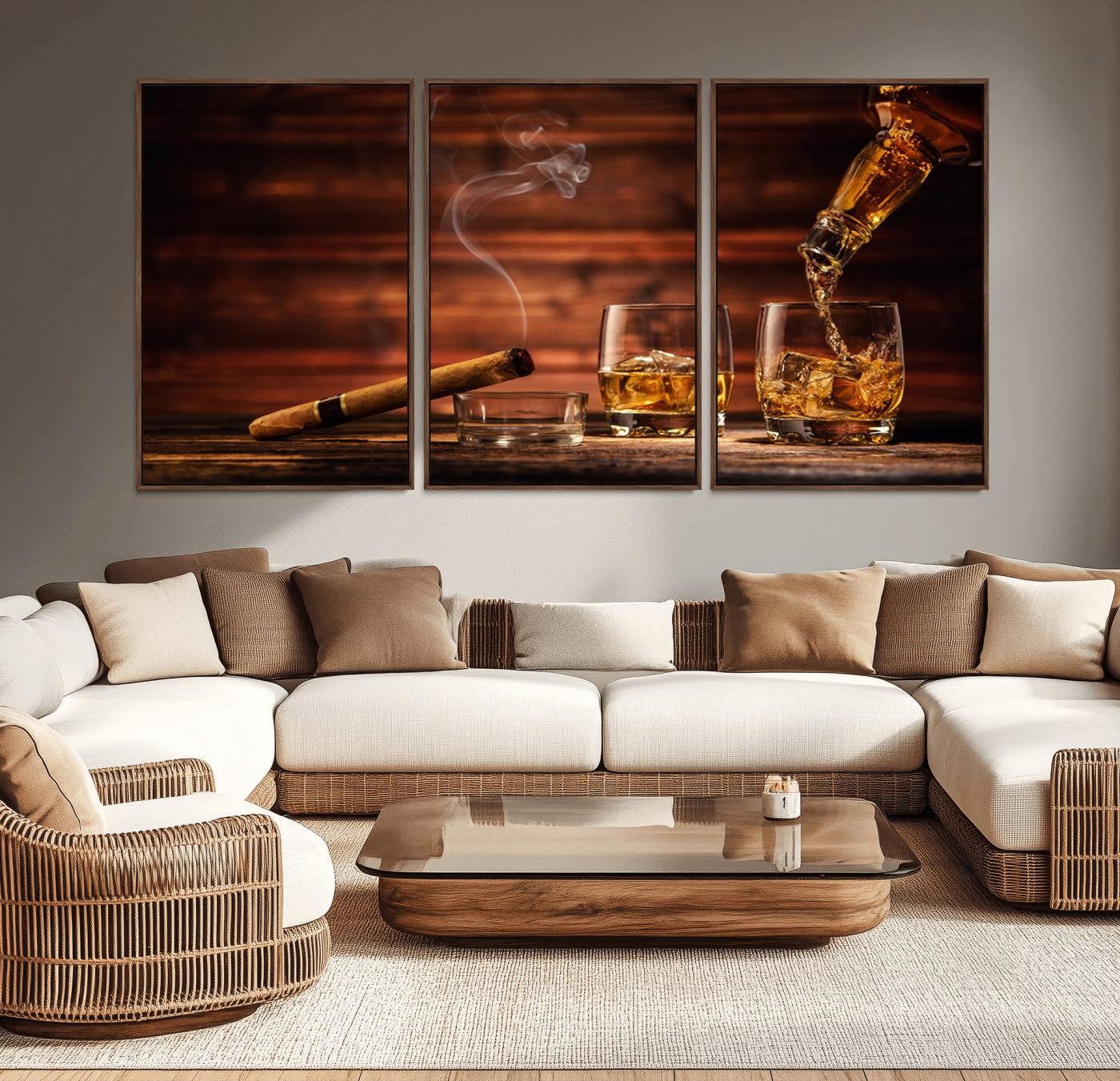 MGV-FC-60X30-3P - Whiskey and Cigar Wall Art Canvas | 3 Panel Bar Room Decor for Home Lounge, Office, or Man Cave |