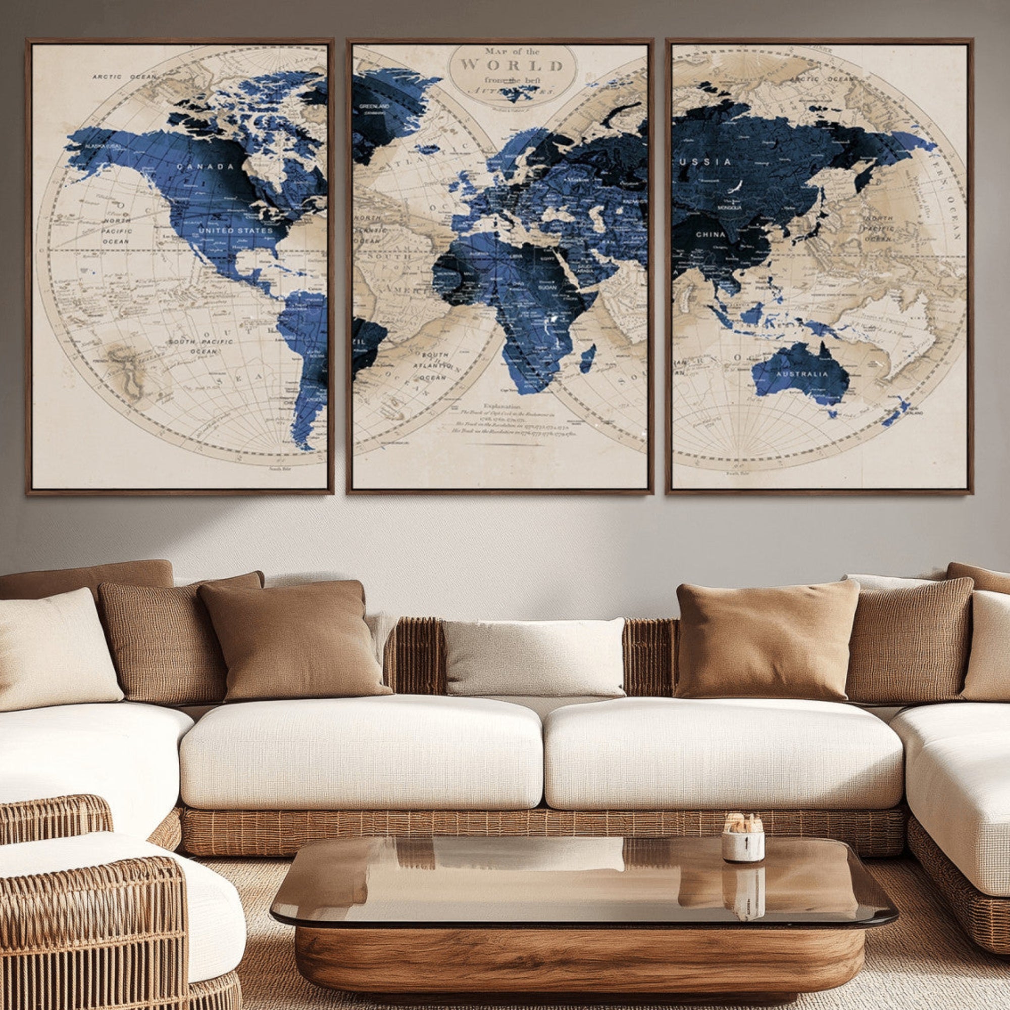 67444-MGV-CV-36X24-Vintage Blue World Map Canvas Wall Art – Antique Style Framed Map Print, Elegant Travel Decor for Home Office or Study