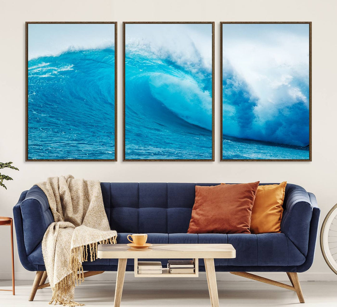 A museum-quality canvas depicting a vibrant blue ocean wave with white foam under a clear sky.