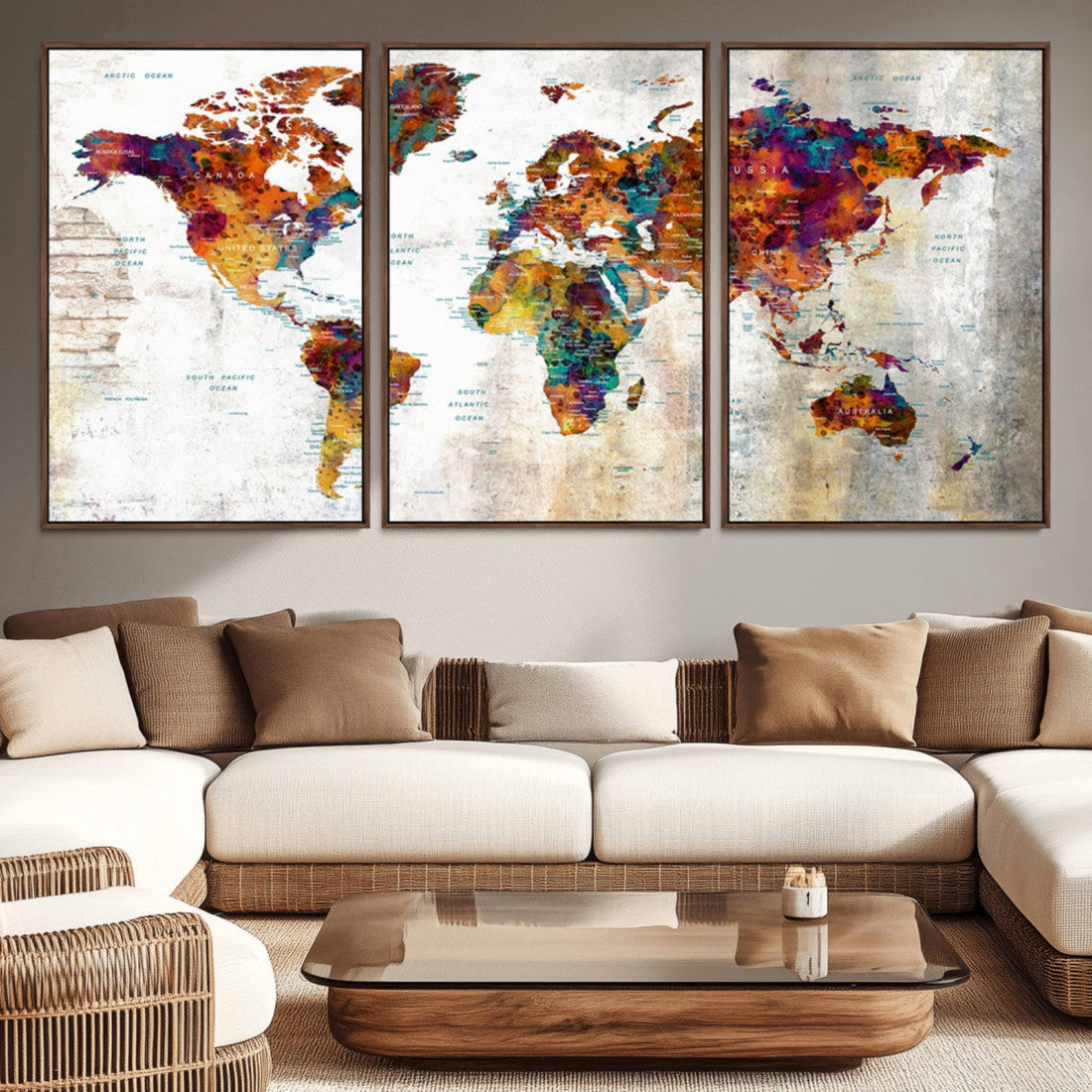 Vintage World Map Canvas Wall Art Print, Warm Tone Global Map Artwork