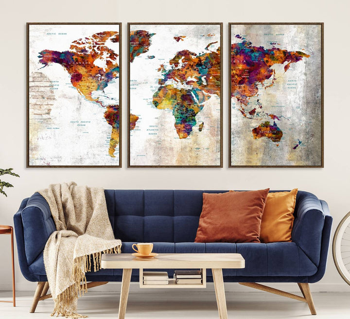 A vibrant Grunge Map Canvas Wall Art Set (3 Panels) for home or office decor, perfect for travel enthusiasts.