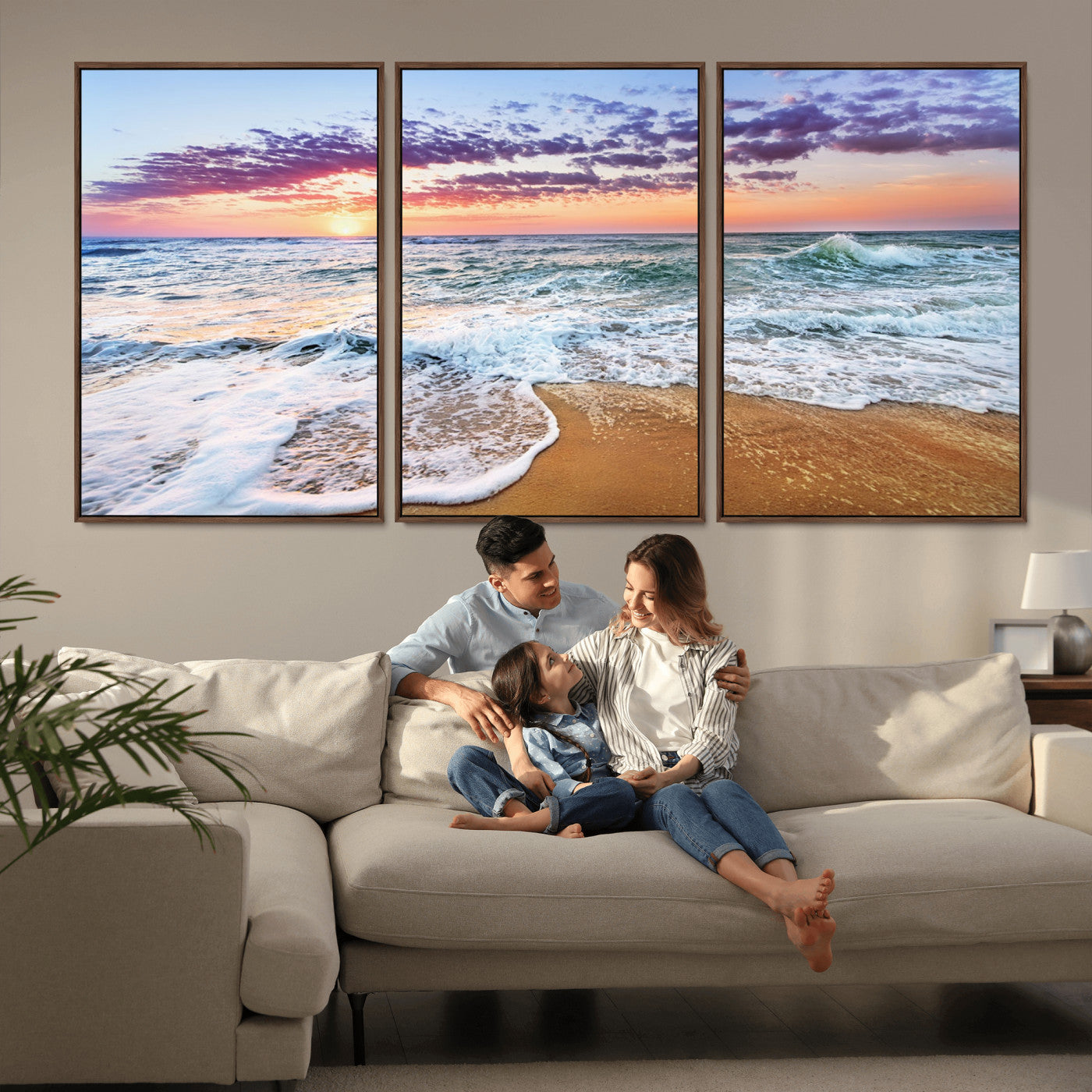 MGV-FC-60X30-3P - Coastal Sunset Art Beach Canvas Wall Art Print | Ocean Waves Wall Art | Large 3-Panel Seascape for