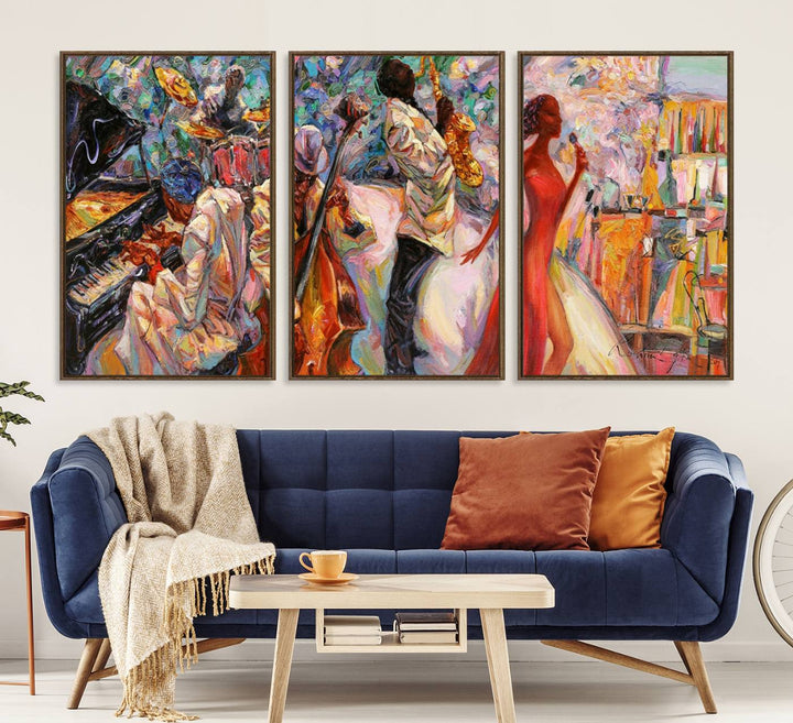 The Abstract Afro American Jazz Canvas captures a vibrant jazz band and showcases a woman dancing in red, making it perfect for dining or music spaces.