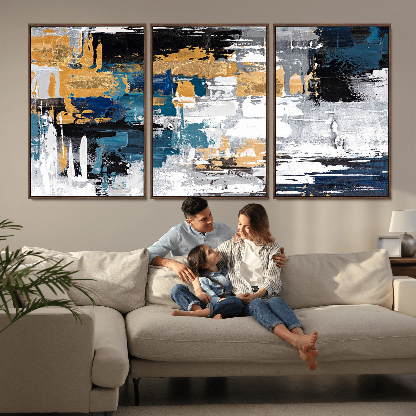 57708-MGV-CV-36X24-Blue and Gold Abstract Canvas Wall Art – Triptych Modern Painting for Living Room – Framed and Ready to Hang