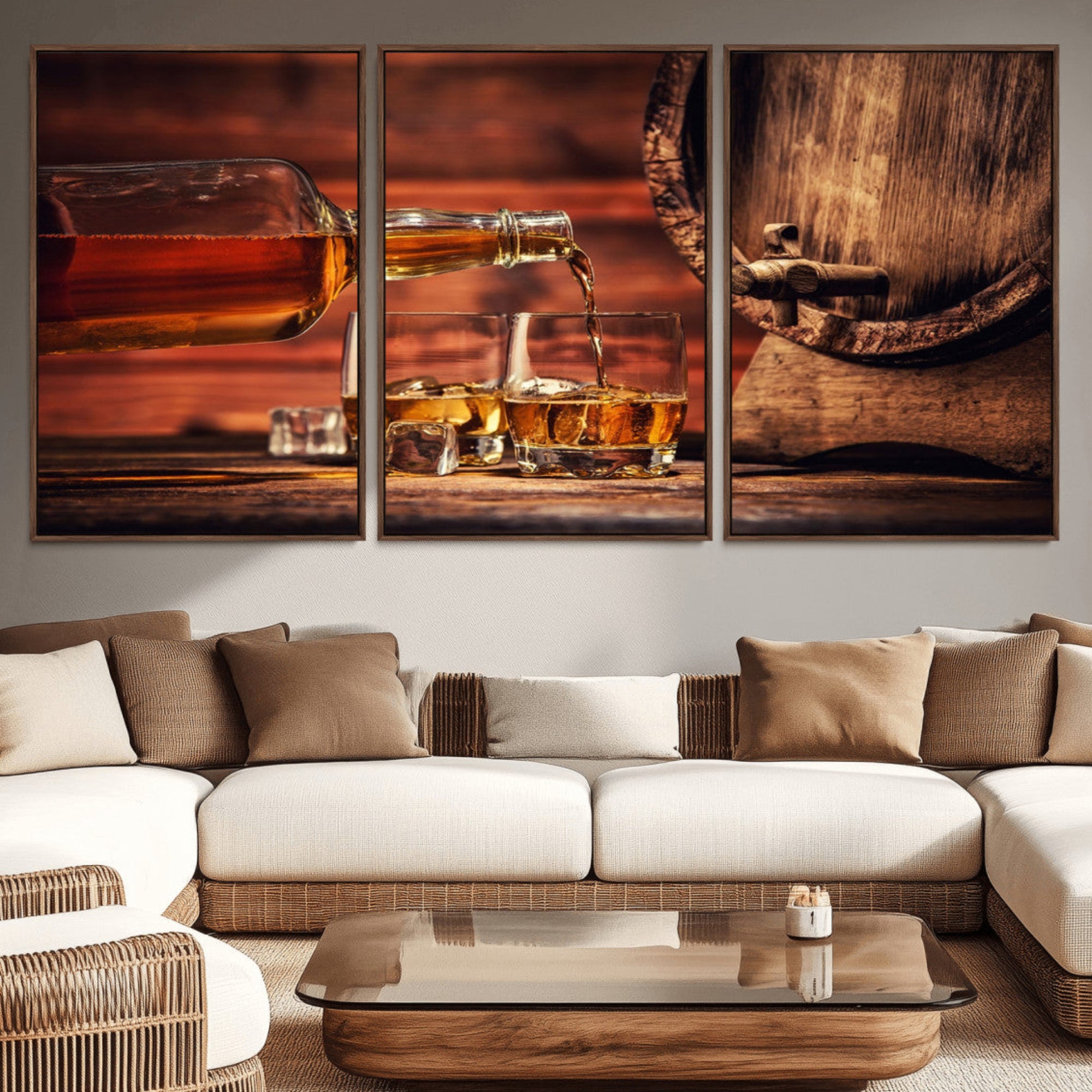 21266-MGV-CV-36X24-Whiskey and Cigar Canvas Wall Art | 3 Panel Bar Room Decor for Home Lounge, Office, or Man Cave |