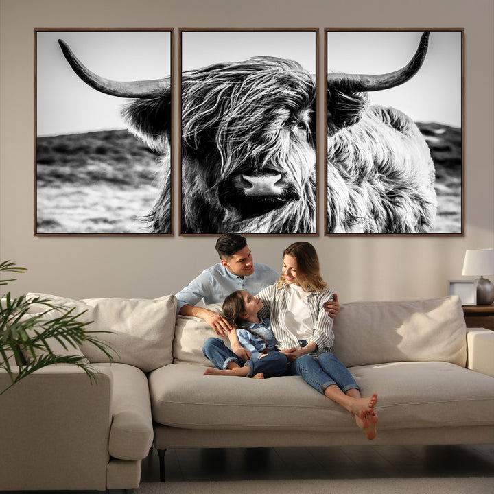 Highland Cow Wall Art | 3-Panel Black and White Highland Cow Canvas Print for Western Farmhouse Decor