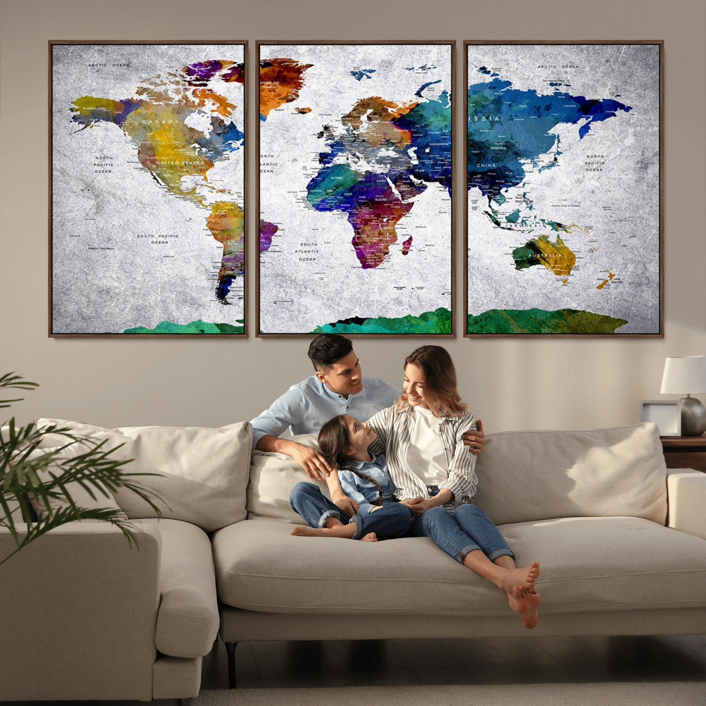 MGV-FC-60X30-3P - Push Pin World Map Canvas Print – Framed Wall Art for Couples to Track Their Travels – Anniversary